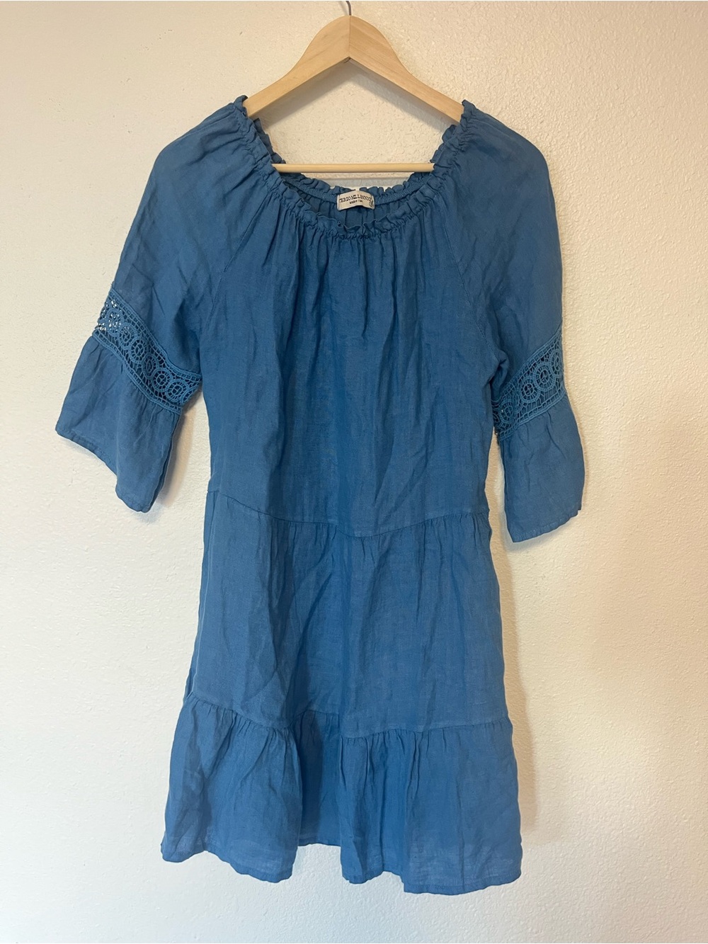 Trenzo milenio Blue Tiered Linen-Blend Mini Dress with Lace Sleeve Detail Italy